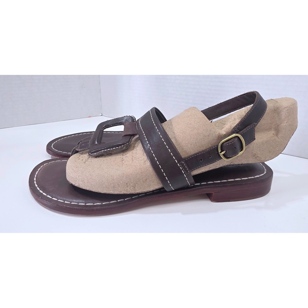 Bernardo Tegan Brown Leather Thong Slingback Sandals Square Ring Stitch 9M